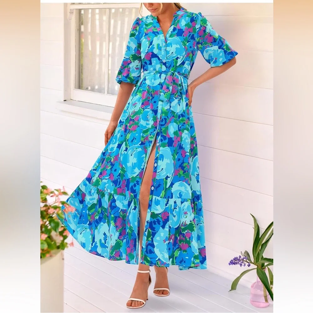 NWOT Blue Multicolor Floral Button Down 3/4 Puff Sleeve Easter Maxi Dress Small - Picture 3 of 12